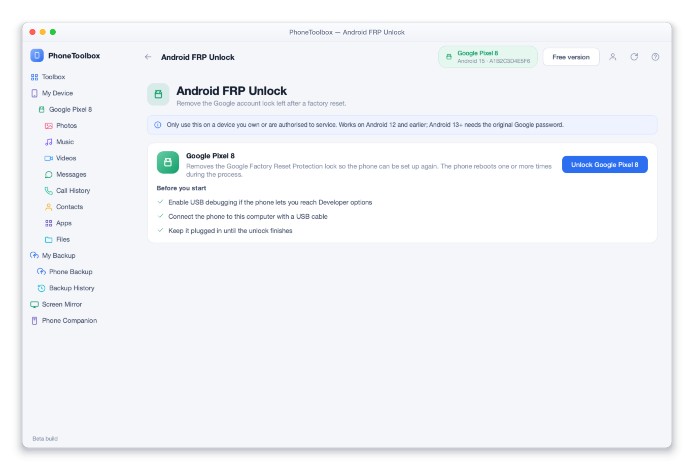 Desbloqueio FRP Android no PhoneToolbox, a mostrar um telemóvel ligado