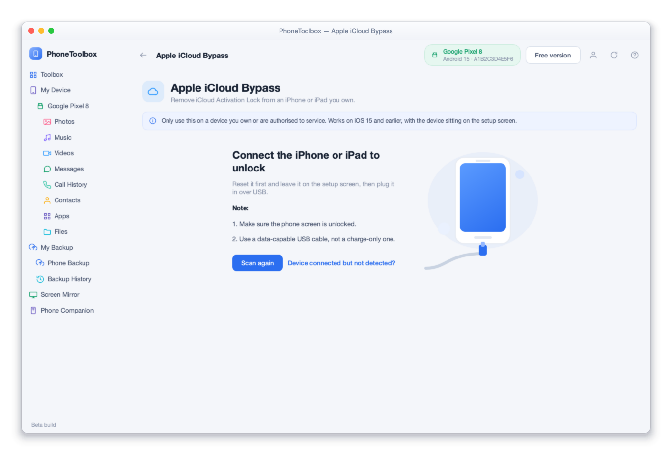 Contornar iCloud da Apple no PhoneToolbox, a mostrar um telemóvel ligado