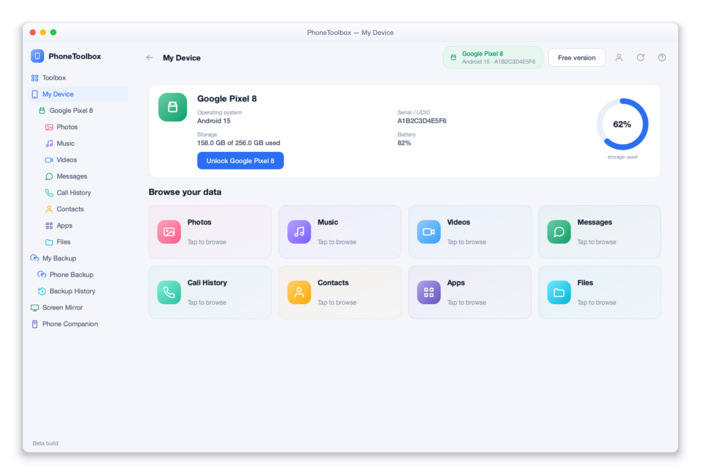 Gestor de Telemóvel no PhoneToolbox, a mostrar um telemóvel ligado